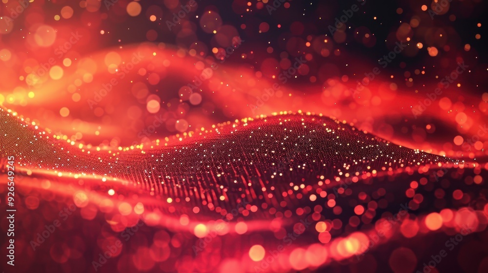 Poster abstract red and gold digital landscape with sparkling particles and wavy shapes.