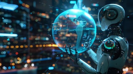AI robot presenting investment opportunities on a hologram globe, global finance at its fingertips