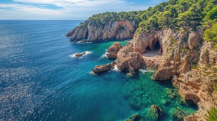 Obraz premium The iconic cliffs of Costa Brava in Girona, framed by the deep blue of the Mediterranean Sea, showcasing the natural beauty of this Catalonian coast.