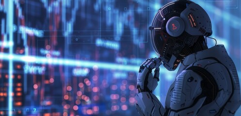 Naklejka premium A robotic financial analyst deep in thought, surrounded by digital data clouds, solving market puzzles