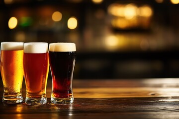 Four glasses of beer on a wooden table. The glasses are of different colors and sizes. Scene is relaxed and casual, as it is a typical scene in a bar or pub