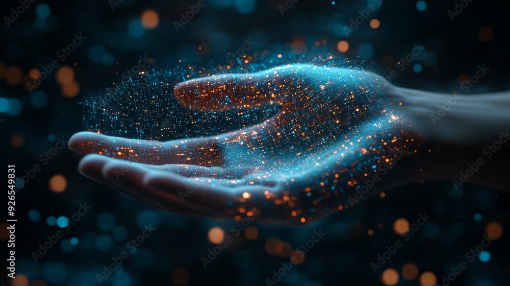 Poster a delicate hand hovers, showcasing a magical swirl of glowing particles that dance in the air, creat