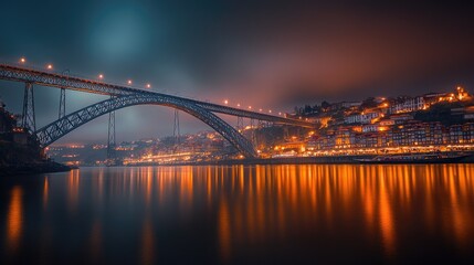 Fototapeta premium The majestic Ponte Dom Luis I Bridge over the Douro River, with the city of Porto in the background.