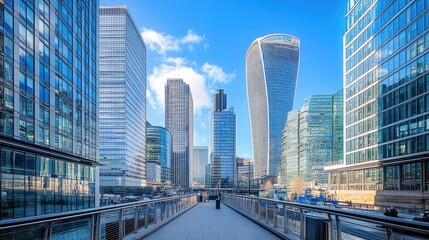 The modern skyline of Canary Wharf in London, with towering skyscrapers and bustling streets below.