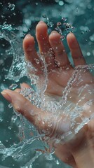 Fototapeta premium Close-up of a hand with perfectly manicured nails running through water, the allure of touch