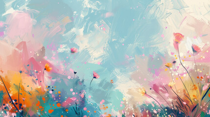 A dreamy abstract floral painting featuring delicate flowers and soft pastel colors, blending nature and imagination with expressive brushstrokes