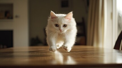 The moment a white British cat leaps onto a dining table, its fur slightly ruffled from the motion, as it prepares to explore the new surface.