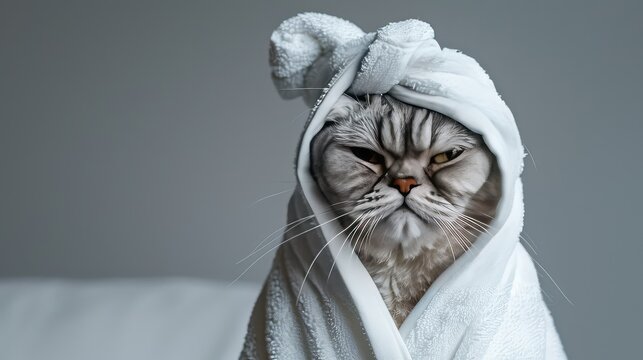 A grumpy cat wrapped in a towel, looking annoyed.