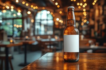 Bottle of beer with blank white label placed on the right side of table. Blurred restaurant interior in the background. Professional shot.