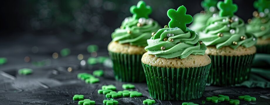 Cupcakes with green frosting and shamrock-shaped decorations, celebrating St. Patrick's Day.