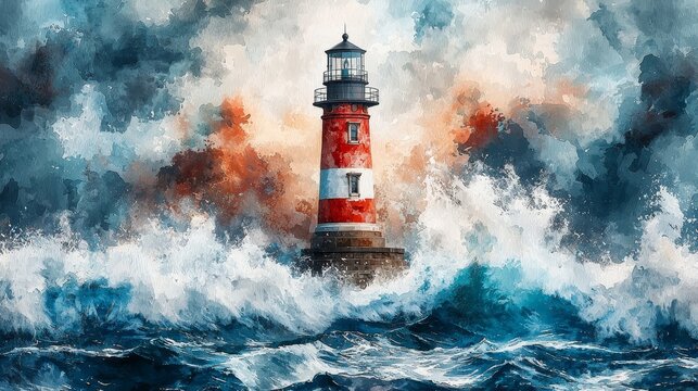 Watercolor waves crashing against a lighthouse for safety and guidance themes.