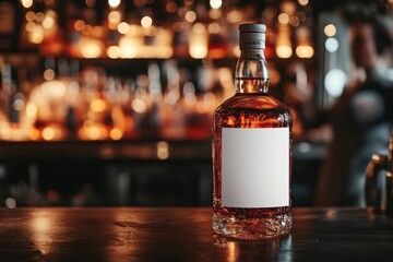 Whiskey Bottle. Amber whiskey bottle with blank label on wooden bar co