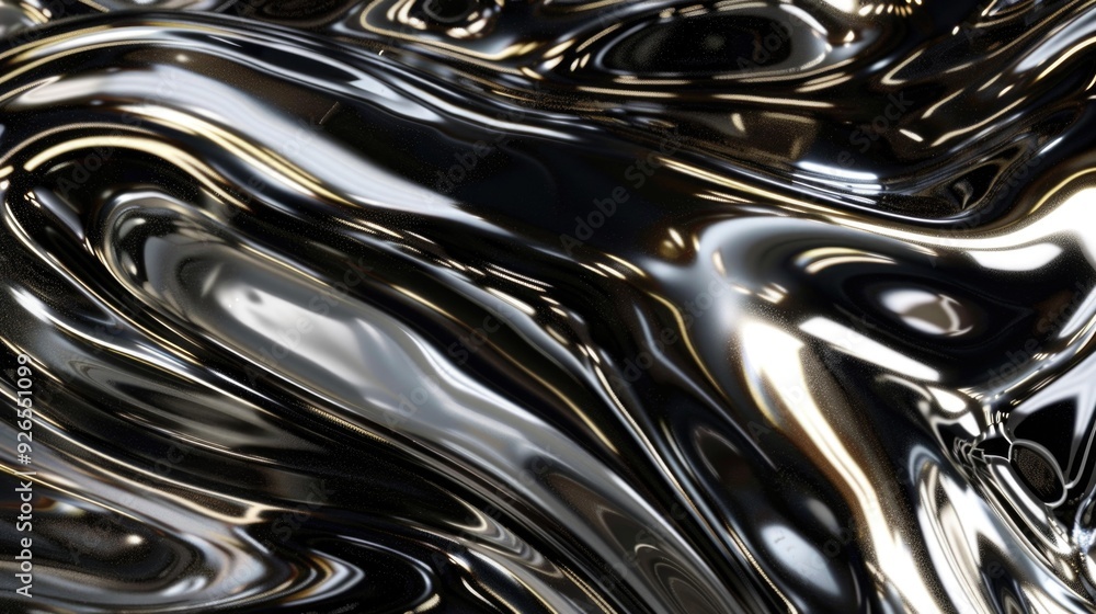 Poster metallic liquid swirls in abstract forms, showcasing a dynamic and futuristic artistic expression.