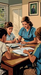 Fototapeta premium A healthcare worker guides kids as they work on their assignments together at a table