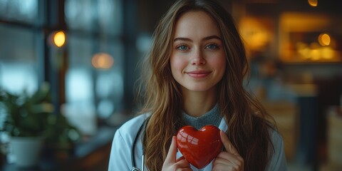 Nurse with stethoscope, holding red heart on hospital room background. Health Day Concept.