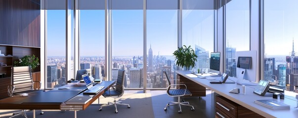 Smart workspace with voice-activated technology in a high-rise office overlooking the city.