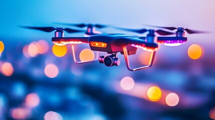 Drone Flying Over City Lights at Night