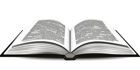 An open book with black text pages on white background