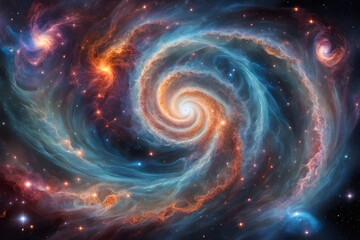 Spiral galaxy in deep space with swirling lights and stars against a dark cosmic backdrop