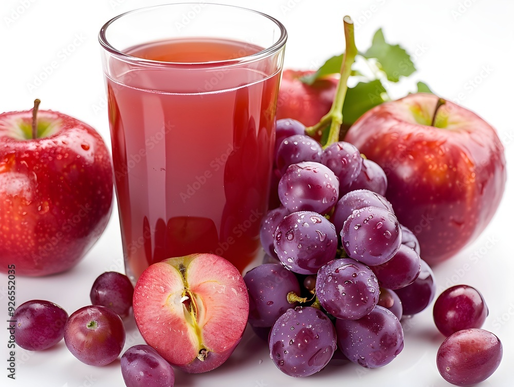 Poster freshly squeezed apple and grape juice served with ripe apples and clusters of grapes on a clean whi