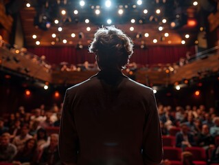 Obraz premium A speaker addresses an audience at a theater during an evening performance