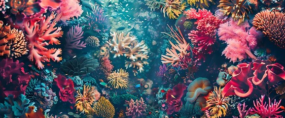 Colorful coral reef with various types of coral and fish swimming in the water.