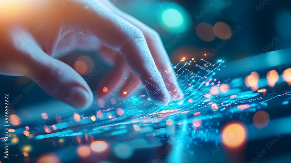 Poster fingertip touching digital interface with glowing lines