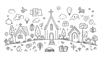 line art drawing of Christian religious icons such as jesus christ, bible and church elements