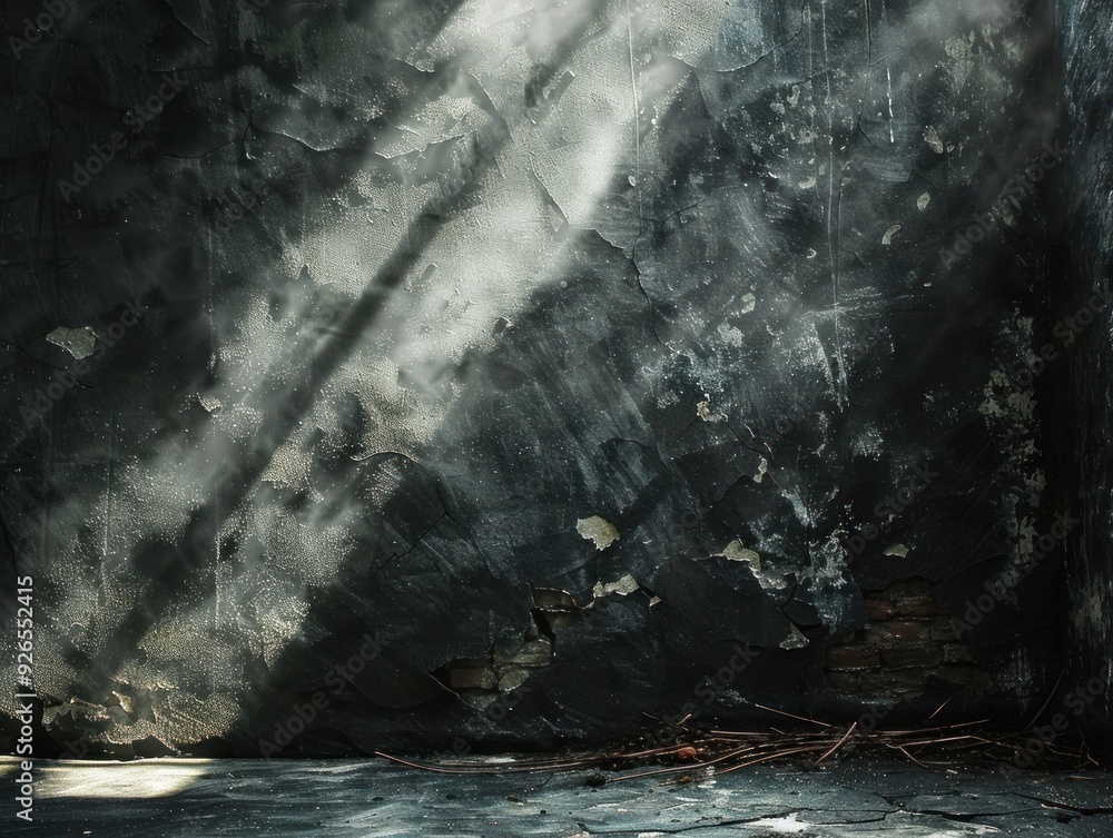 Poster sunlight streams through a broken window illuminating a dusty, cracked corner of an old building