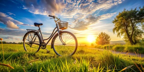 Fototapeta premium A Charming Sunset with a Vintage Bicycle in a Beautiful Serene Field of Greenery