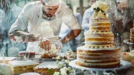 A skilled pastry chef decorates a stunning layered cake with precision and artistry in a vibrant bakery setting.