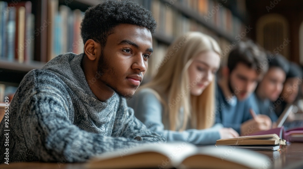 Poster a diverse group of students focuses on their studies in a warm, inviting library filled with books