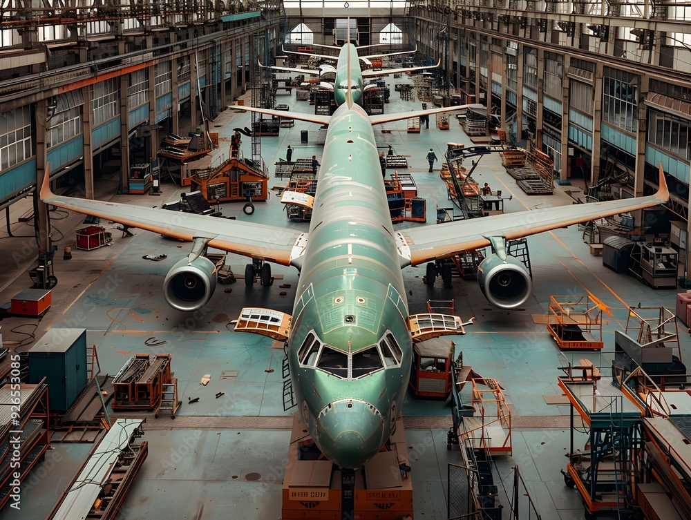 Poster aircraft assembly process in a large manufacturing facility during the day with multiple planes in p