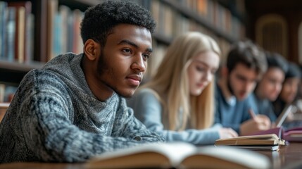 A diverse group of students focuses on their studies in a warm, inviting library filled with books
