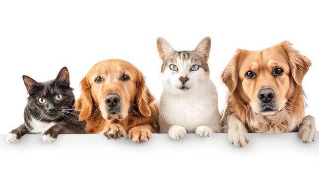 Two cats and two dogs looking at the camera while sitting on a white background.