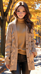 Fototapeta premium an illustration of a young and beautiful woman. Dress her in Autumn Comfort Cable-knit sweater, leggings, knee-high boots, and a quilted jacket