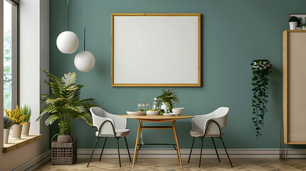 A modern dining room with a teal wall, two white globe pendant lights, a wooden table, and two chairs.