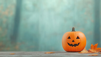 Single jack-o'-lantern on a wooden surface with scattered autumn leaves, Halloween scene with copy space