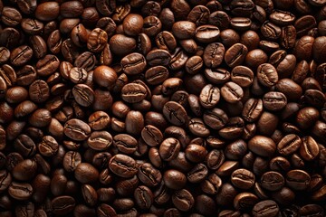 Naklejka premium A close-up of dark roasted coffee beans, showcasing their rich texture and deep brown color.