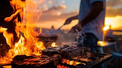 Fototapeta premium A vibrant sunset BBQ scene with flames dancing around juicy steaks being grilled outdoors, creating a delightful culinary atmosphere.