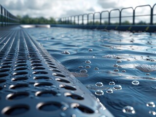 A close-up of a water intake structure with bubbles floating on the surface