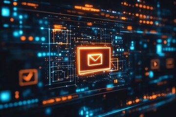 Fototapeta premium Futuristic email interface with glowing elements and digital connections representing modern communication technology.