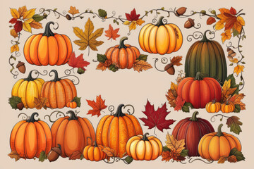 Set of autumn leaves and pumpkins in watercolor style. AI