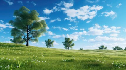 Obraz premium A serene landscape featuring lush green grass, trees, and a bright blue sky with clouds.