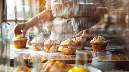 Obraz premium Freshly baked muffins are being served in a warm, cozy kitchen with an inviting atmosphere.