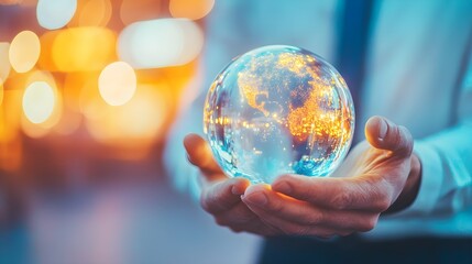 Fototapeta premium Hands Holding Crystal Globe with Earth - Global Connection