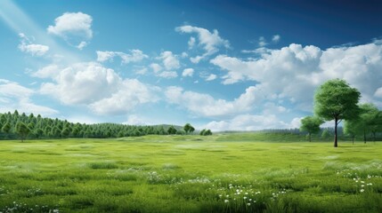 A serene landscape featuring lush green grass, trees, and a bright blue sky with clouds.