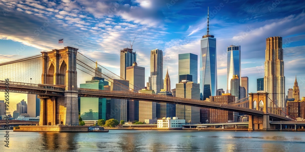 Wall mural iconic symbols of nyc skyline, brooklyn bridge and freedom tower , nyc, brooklyn bridge, freedom tow