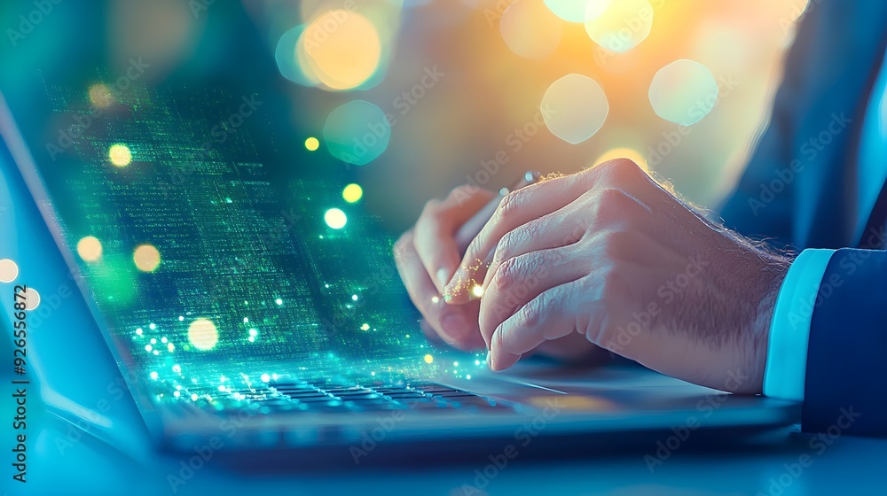 Poster hands typing code on laptop with digital particles
