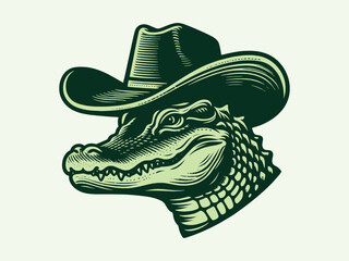 Alligator crocodile in a cowboy hat. Vintage vector engraving emblem, logo, icon. Print, sketch
